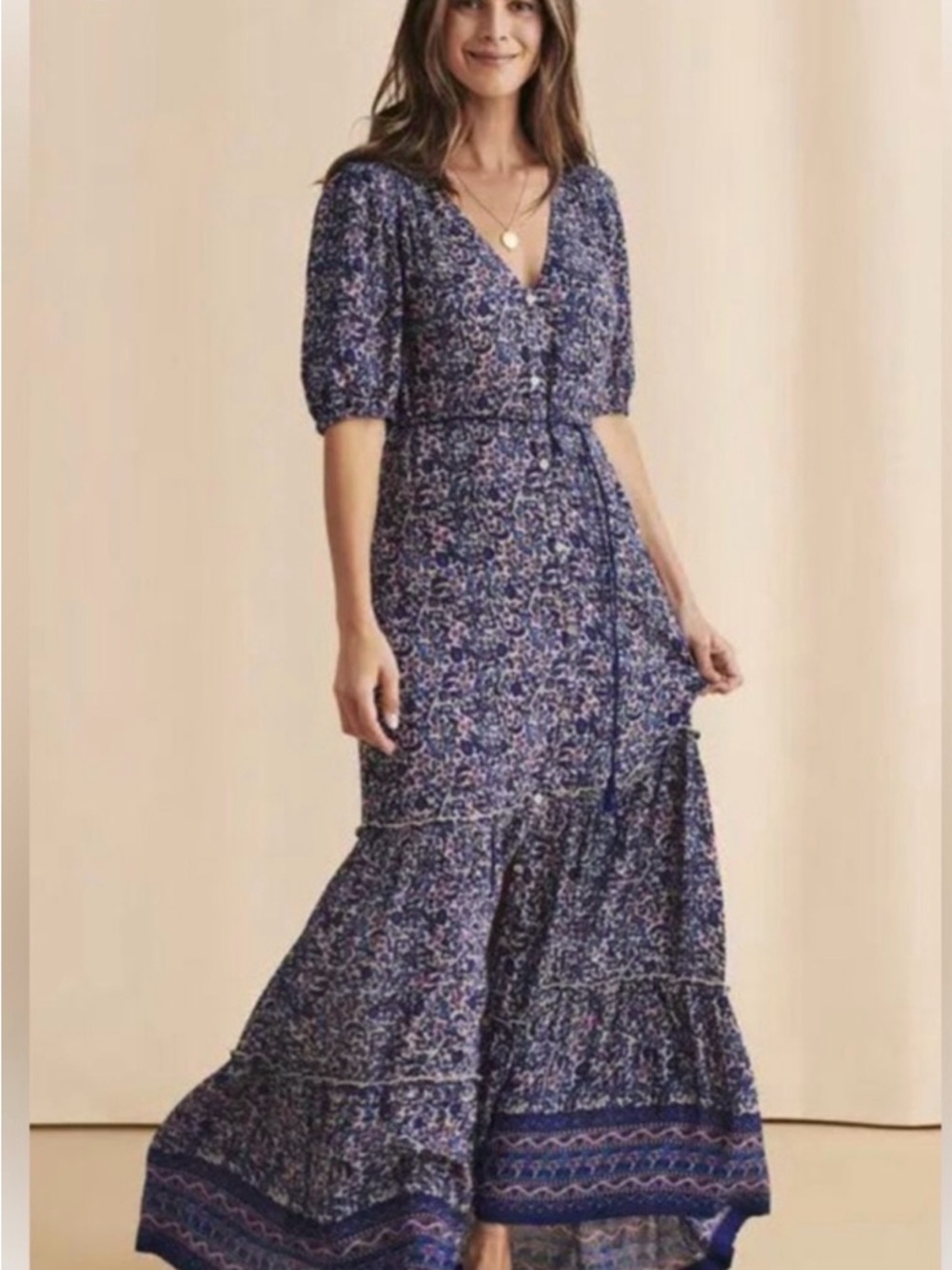 Faherty Blue Floral Tie-Waist Maxi Dress